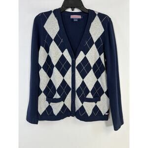 Vineyard Vines Argyle Cardigan Womens Sz L Navy Pink Gray Cashmere Cotton Preppy